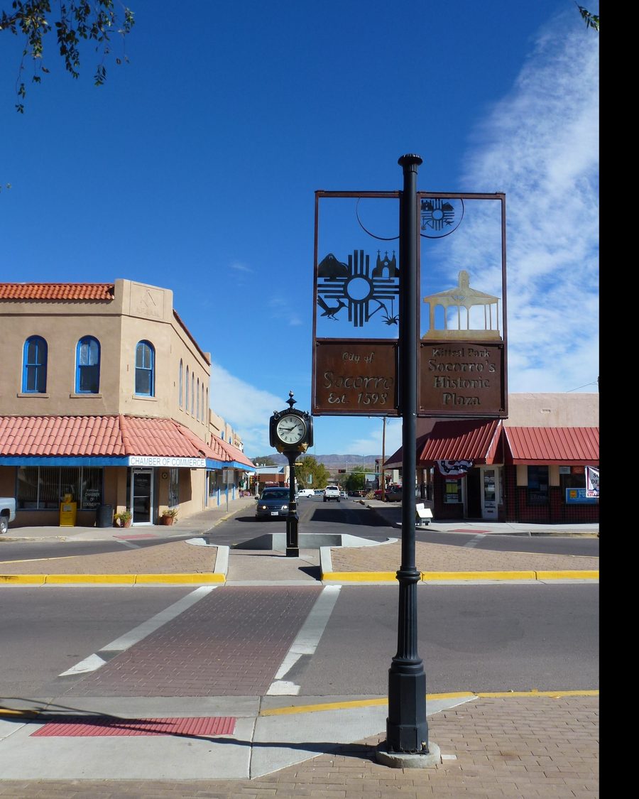 City of Socorro historic plaza sign and downtown street